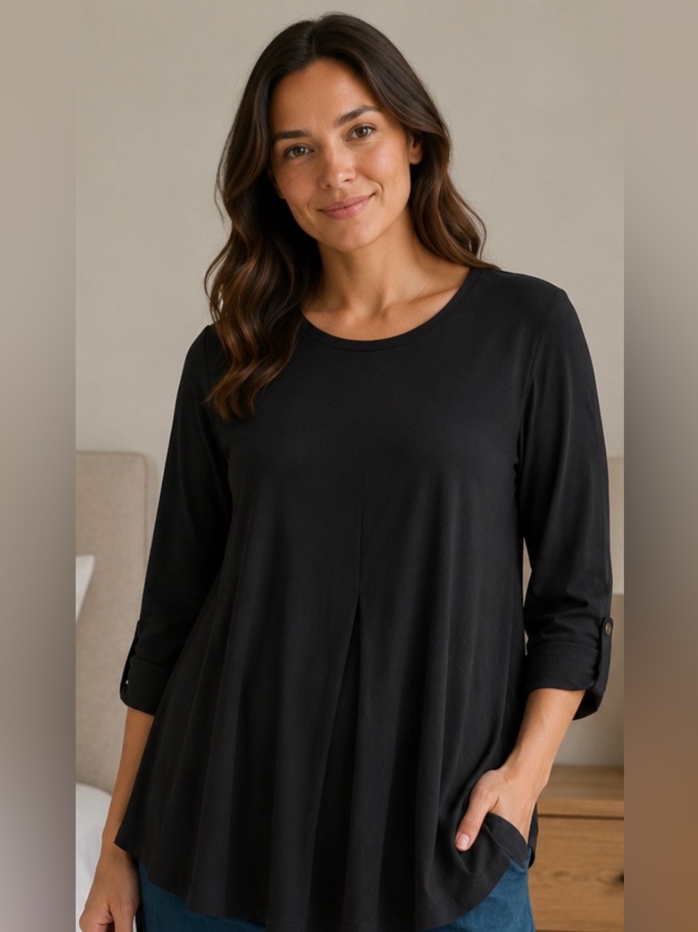 Women's Black Pleated Front Long Sleeve Tunic Top